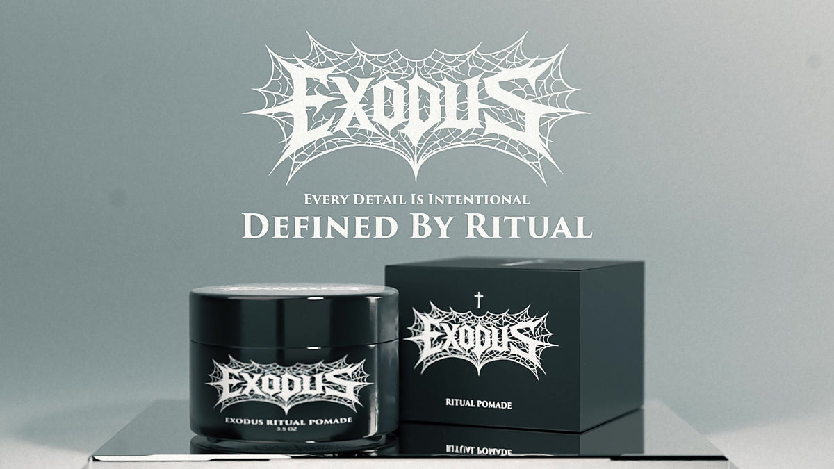 EXODUS Ritual Pomade jar and box with the line Every Detail Is Intentional, Defined By Ritual